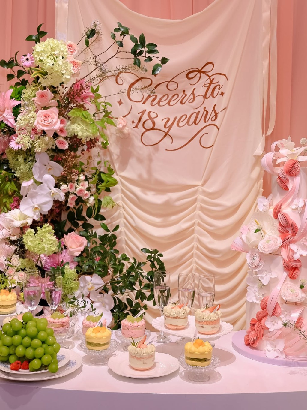 派對場地以「Cheers to 18 years」為主題,佈置華麗夢幻。